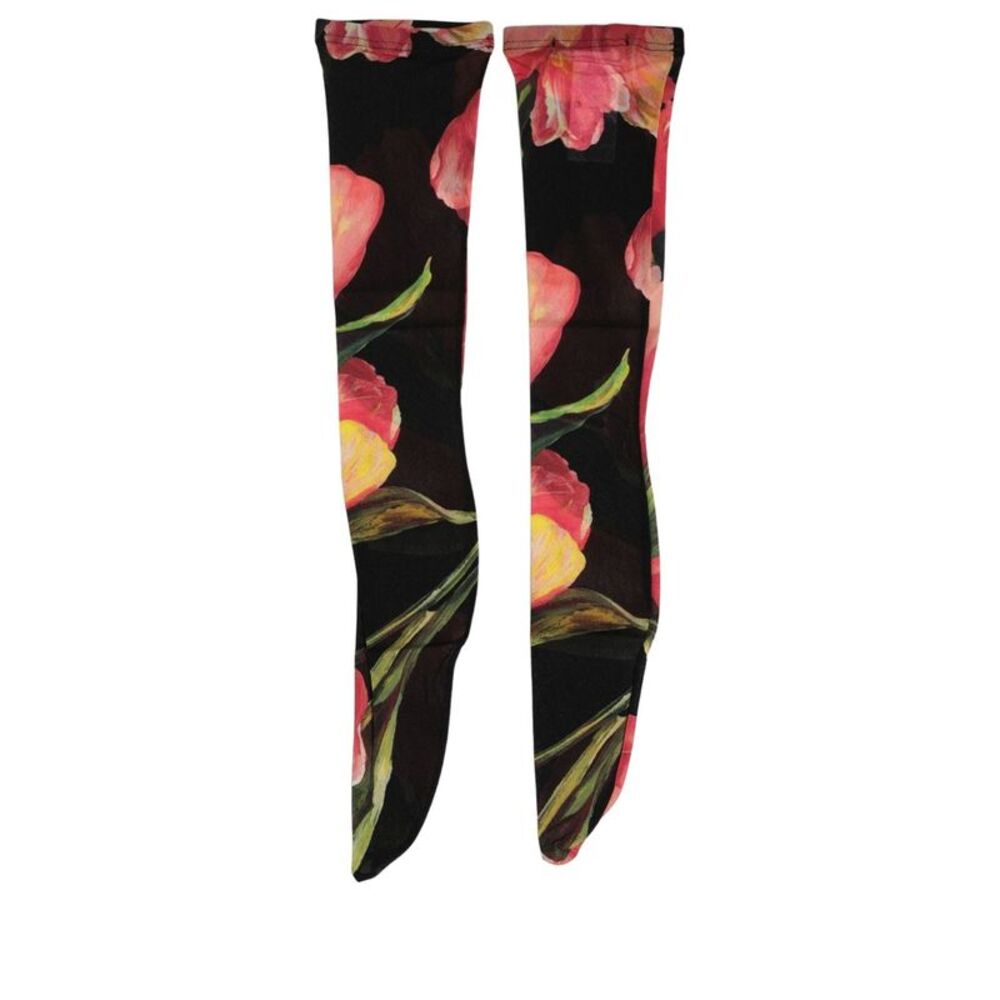 Dolce & Gabbana Black Pink Floral Tulip Nylon Stockings Women's Socks